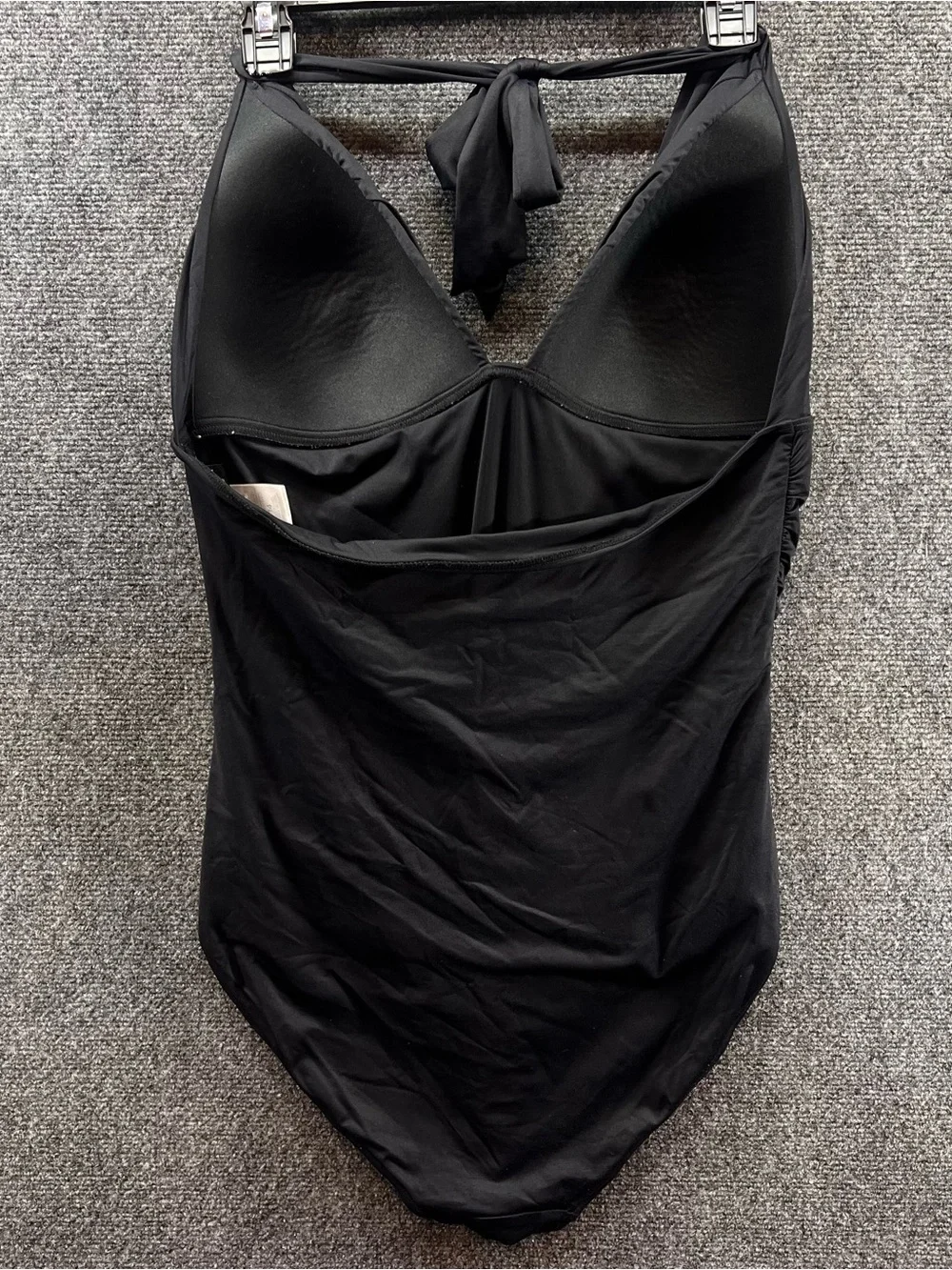 DKNY Black One Piece Swimsuit Size 14 Halter Tie Back Ruched V-Neck Swimwear - Picture 4 of 7